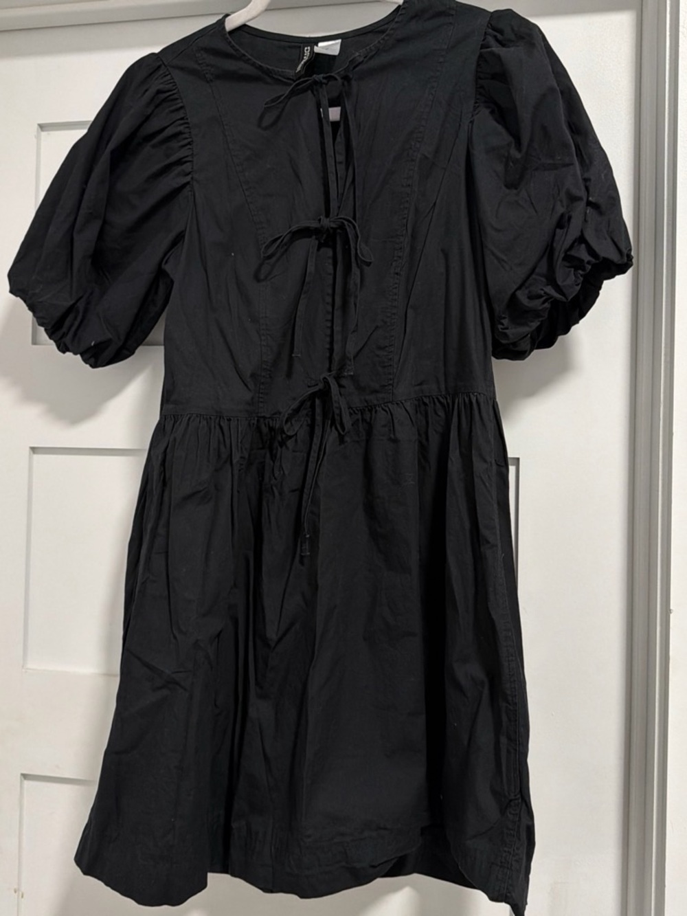 H&M Black Puff-Sleeve Tie-Front Dress